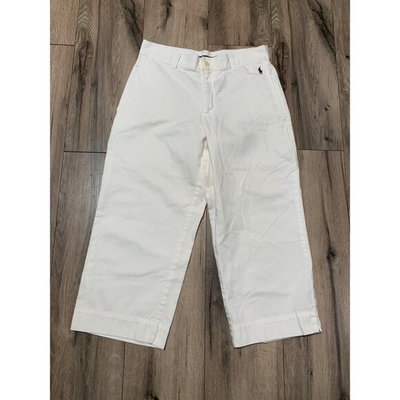 Ralph Lauren Sport Women’s 8 Polo Logo White Cotton Cropped Pants Slit Side Pock - Picture 1 of 8